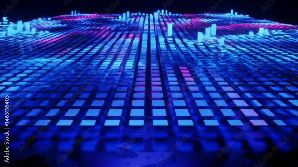 Aufkleber abstract visualization: blue and pink data grid with rising columns in dark space