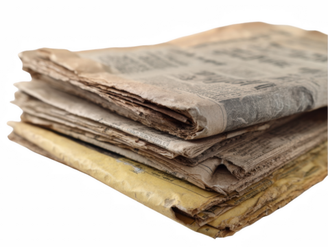 Aged stack of vintage newspapers with yellowed pages and text old pile on transparent background