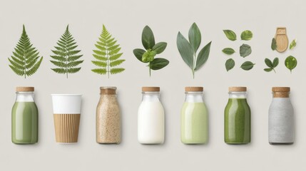 Freshly prepared healthy smoothies and juices with natural leaves and ingredients