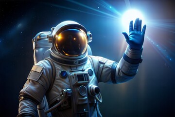 3D astronaut greeting in space exploration with cosmic light burst