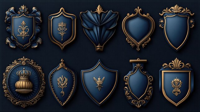 Collection of ornate shields and heraldic elements