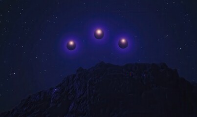 Naklejka premium Three glowing orbs above a dark mountain range in a starlit night sky