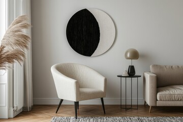 Modern minimalist living room featuring a circular, black and white wall art piece.  A cream armchair sits beside a small side table with a lamp