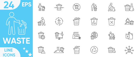 Waste icon set.Recycle, recycling, litter, trash, transport, organic, plastic, sorting, pollution, landfill, waste, composting, sorting and more.Vector and illustrator set.