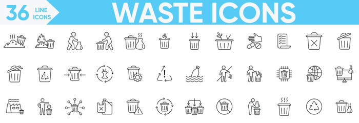 Waste icon set.Recycle, recycling, litter, trash, transport, organic, plastic, sorting, pollution, landfill, waste, composting, sorting and more.Vector and illustrator set.