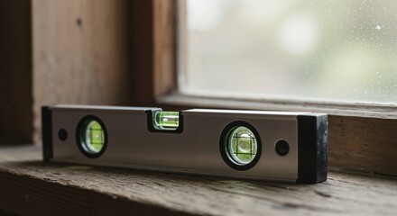 A silver spirit level with green bubble vials rests on a weathered wooden windowsill, used for ensuring horizontal and vertical accuracy in construction or DIY projects.