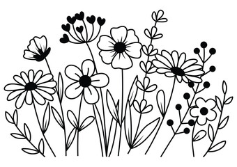 Hand drawn flower meadow Style vector illustration, Wild flower outline drawing, Botanical flowers and leaf herbs isolated on white Background, Invitation, Wedding card, Greeting card, Posster.