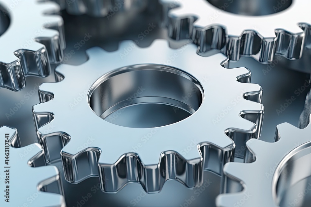 Poster a close-up view of interlocking metallic gears showcasing their intricate design and texture. set ag