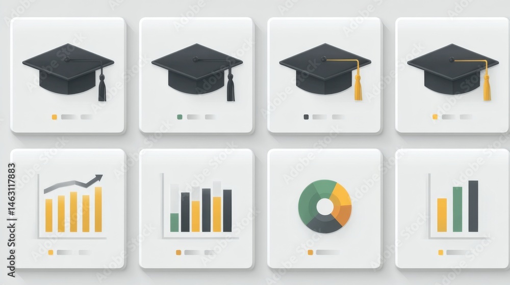 Aufkleber graduation and data visualization icons on white background for education concepts
