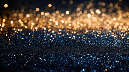 Defocused glitter lights in blue gold and black creating a soft abstract background for banners