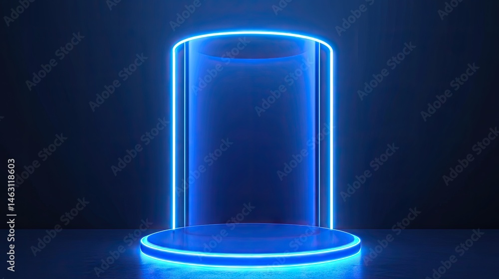 Poster a futuristic glass cylinder display illuminated by vibrant blue neon lights. set against a dark back