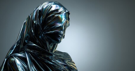 Futuristic sculpture wrapped in iridescent material.