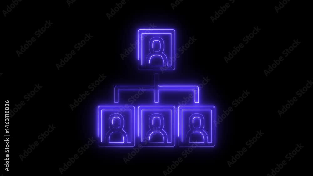 Poster glowing neon organizational chart animation on black background business hierarchy structure