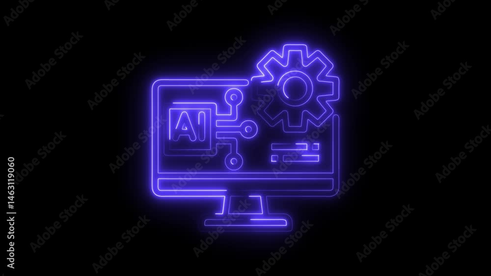 Poster neon computer displaying artificial intelligence with a gear on a black background
