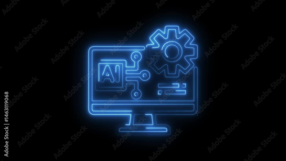 Aufkleber neon artificial intelligence on computer with gear mechanism glowing on black