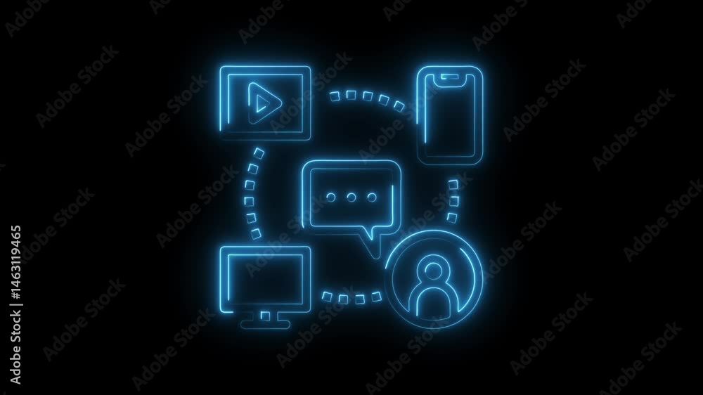 Poster neon digital device communication network on black background seamless connecting animation