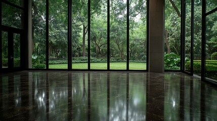 Expansive window reveals lush green garden, reflected on polished floor