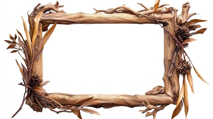 Rustic wooden frame adorned with dried leaves and branches