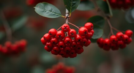 Red Berries Cluster Growing on a Branch with Green Leaves