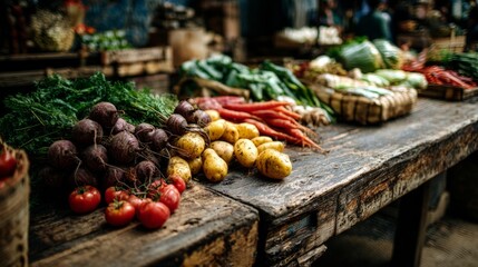 Rustic wooden surface brimming with fresh seasonal produce, celebrating the raw beauty of nature's bounty
