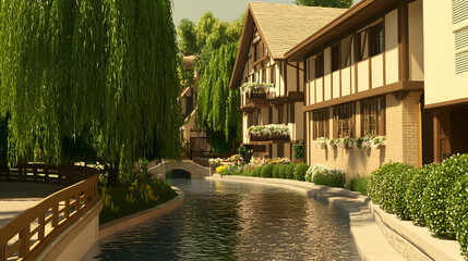 Obraz premium Charming canal-side village homes, sunny day, lush greenery, idyllic background, perfect for travel brochures