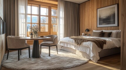 Fototapeta premium Cozy mountain retreat with elegant decor and natural light