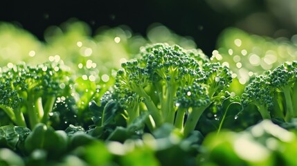 Fresh broccoli surrounded by green foliage, glistening with droplets of water.