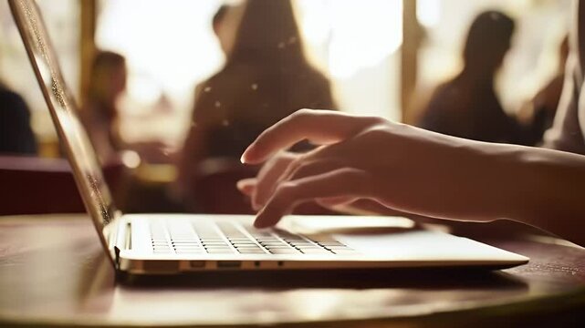 Typing on Laptop Keyboard in Bright Cafe Natural Light Slow Motion