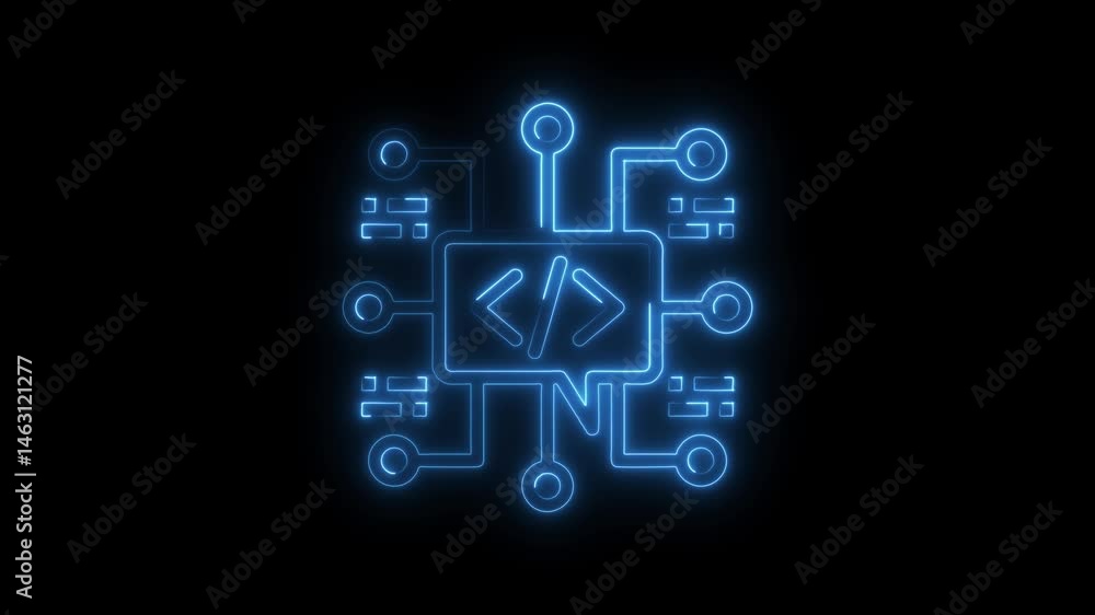 Poster glowing neon code icon animation on black background tech concept