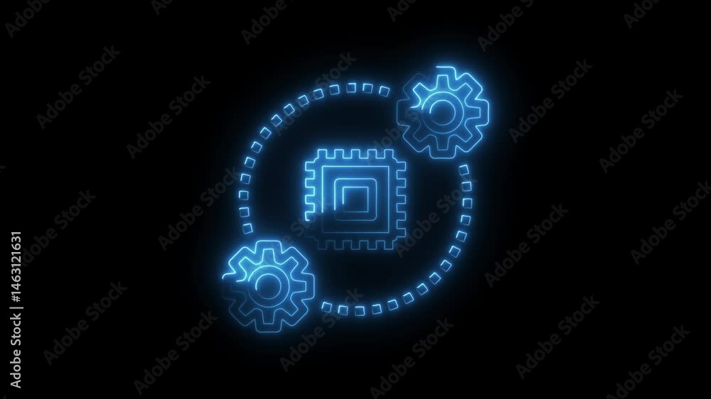 Poster blue neon tech circuit board with gears rotating animation on black background