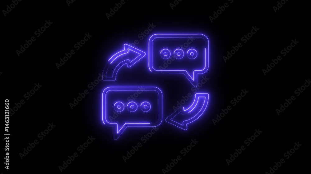Poster communication flow with speech bubbles and arrows in neon style on dark backdrop