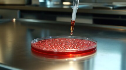 A dropper adds liquid to a petri dish filled with red beads, suggesting a scientific experiment.
