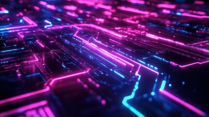 Obraz premium Digital Pathways: A Vibrant Abstract of Interconnected Circuits in Neon Hues