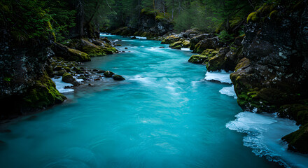 Fototapeta premium Turquoise River Flowing Through a Mossy Forest in a Mountainous Landscape