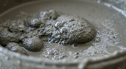 A close-up macro shot of freshly mixed wet gray cement in a bucket, showing its liquid consistency and air bubbles forming on the surface during the preparation process for construction work.