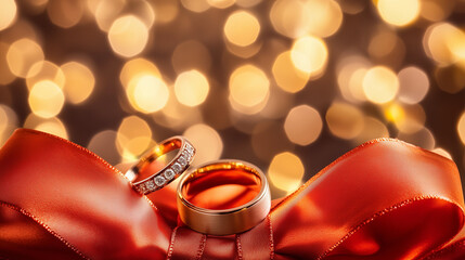 Golden wedding rings hanging on a thin rope, symbolizing enduring love and commitment