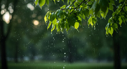Summer Rains Falling Through Fresh Green Tree Leaves in Natural Setting