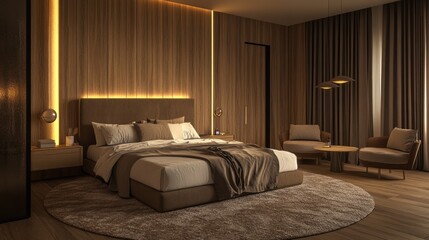 Modern bedroom interior with cozy atmosphere and warm lighting