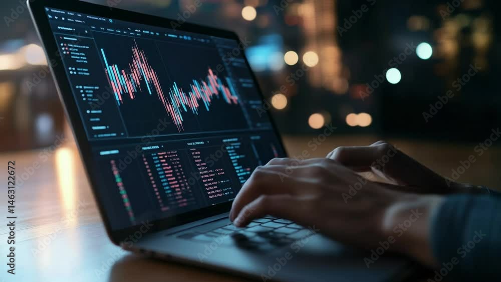 Poster intense stock trading session on laptop showing real-time market data and analysis