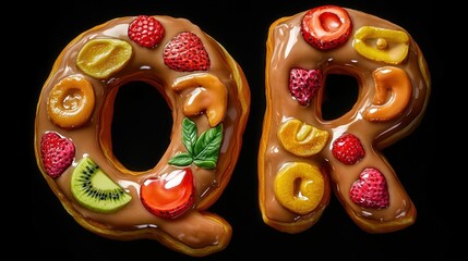 Colorful donut letters "Q" and "R" topped with fruits and chocolate glaze.