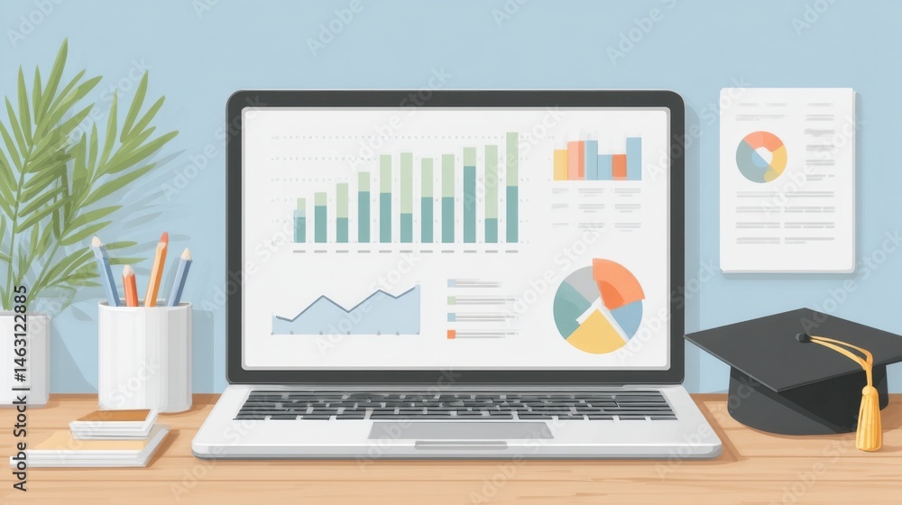 Poster laptop with charts and graphs symbolizing education and analysis concept