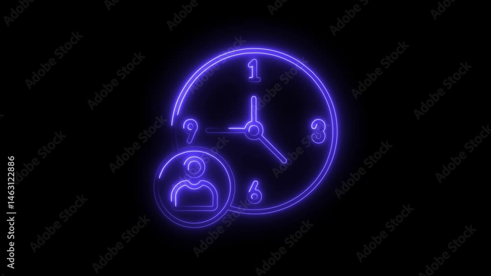 Poster neon clock icon with user symbol on a black background animation