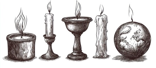 Hand-Drawn Candlelight Symphony: An array of illuminating candles in various shapes