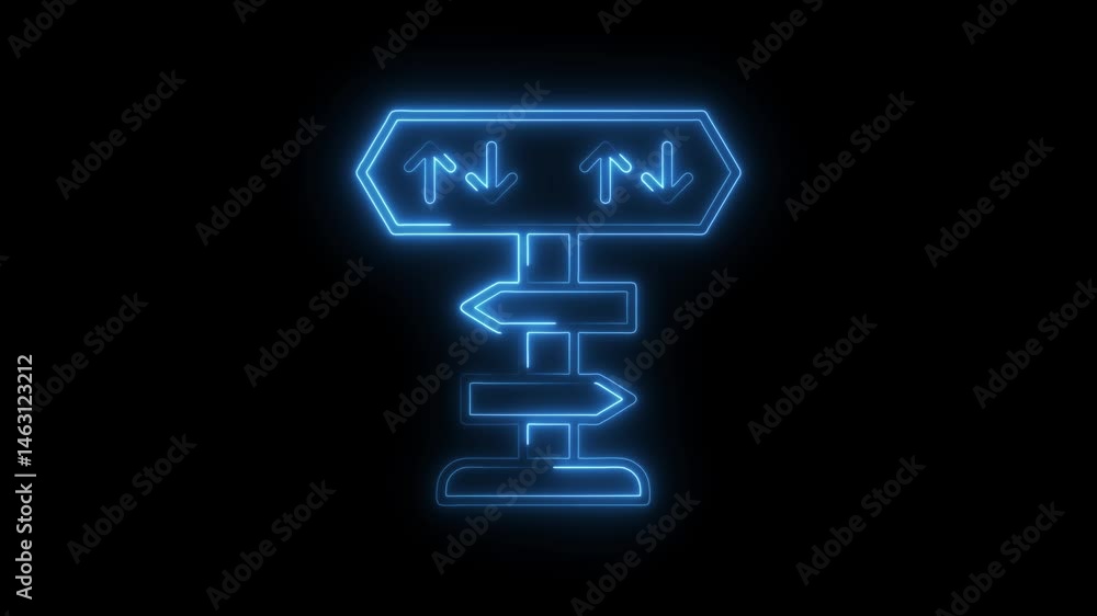 Poster neon directional sign post animation displaying different choices on a black background