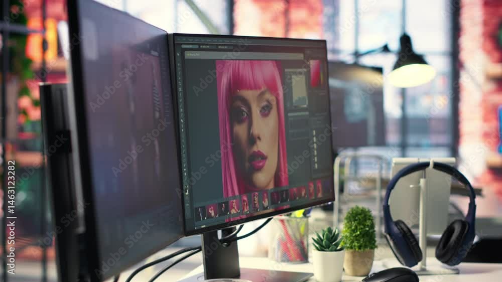 Poster organized creative workspace for graphic designers and photographers, featuring a dual monitor setup