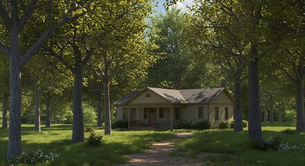 Small House Surrounded by Trees and Greenery in Peaceful Setting