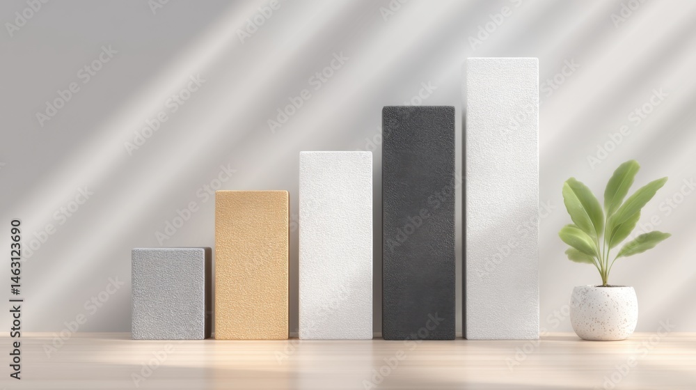 Poster minimalist bar graph with a plant symbolizing growth and success on a wooden surface.