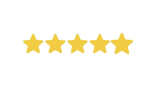 Five Golden Stars Rating Animation on White Background - 4K Motion Graphics for UI Reviews, Quality Evaluation, Customer Feedback, and Recognition of Excellence in Service or Product Standards