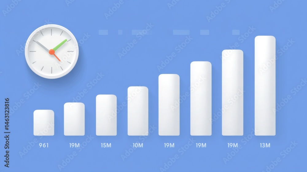 Poster Minimalist business data visualization with clock and rising white bar chart on blue background