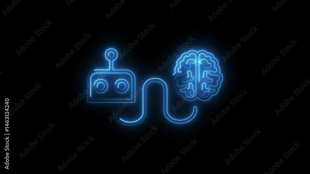 Poster artificial intelligence brain connection with control panel neon outlines on black background
